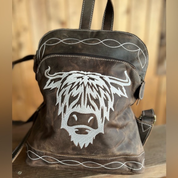 Rustic Highland Bull Genuine Crazy Horse Leather Small Backpack Bag Western Boho - Picture 5 of 13